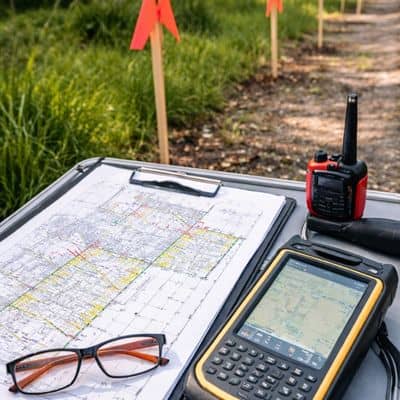 Detailed view of survey stakes, GPS device, and site plan on a residential property showing precision work during a boundary line survey