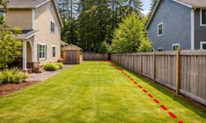 Backyard between two neighboring homes with a visible boundary line to help homeowners find property lines accurately