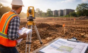 Surveyor reviewing land surveying data on a developing property site before construction planning begins