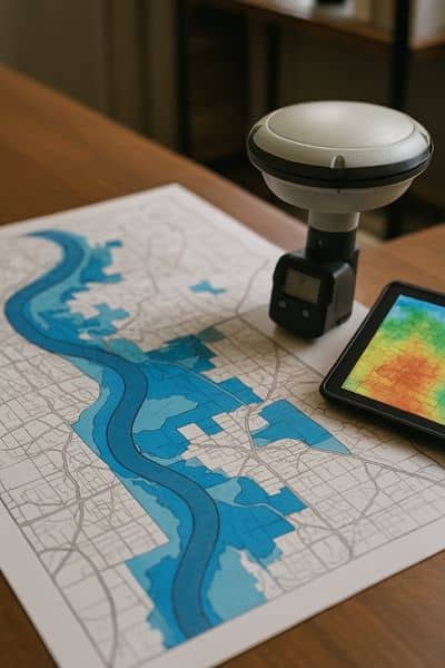 Greenville floodplain map with blue highlighted zones and elevation data used to assess property flood risk and guide building decisions
