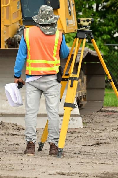 Licensed land surveyor using surveying equipment at a construction site to determine property boundaries.
