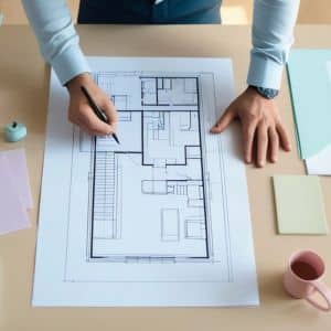 Construction surveyors reviewing site plans and measurements to verify property boundaries during active development
