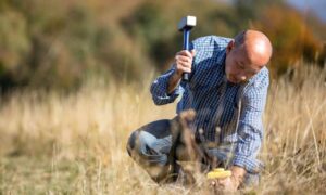 Surveyor placing a boundary marker during a residential survey, helping explain boundary survey cost