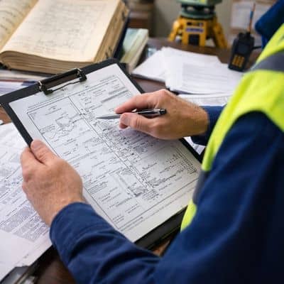 A residential surveyor reviewing property survey records and measurements at a desk