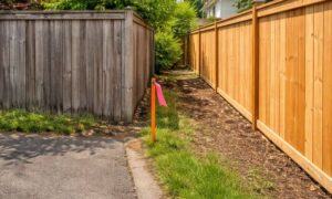 Backyard fence near a driveway with a survey stake marking the property line before closing on a home