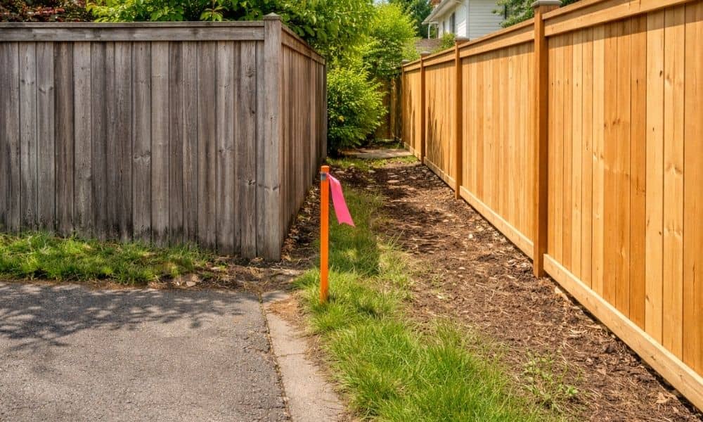 Backyard fence property boundary issue - ALTA SURVEY South Carolina Backyard fence near a driveway with a survey stake marking the property line before closing on a home