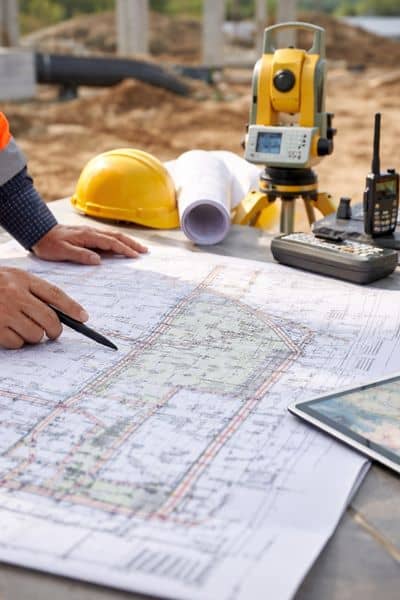 A commercial property surveyor reviewing a detailed site plan with property boundaries and easements for a development project