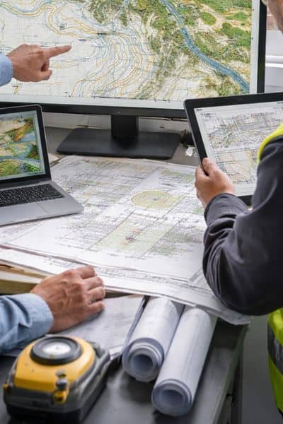 Engineers reviewing topographic survey data with digital elevation overlay on a construction site