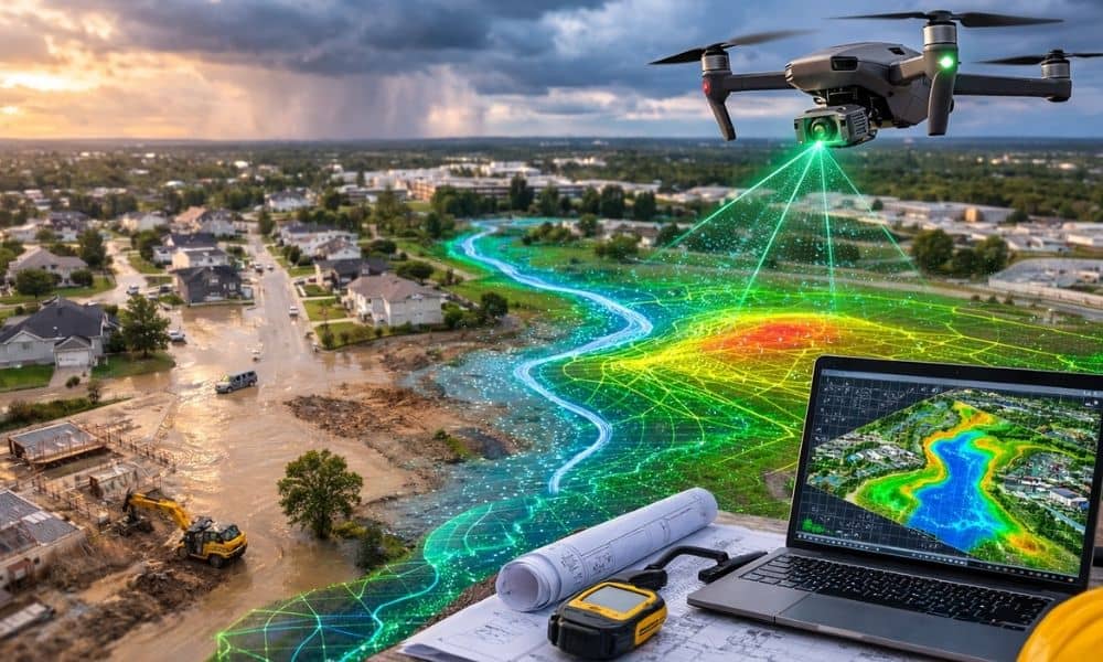 Drone surveying flooded terrain while creating a lidar mapping model to analyze land elevation and water flow