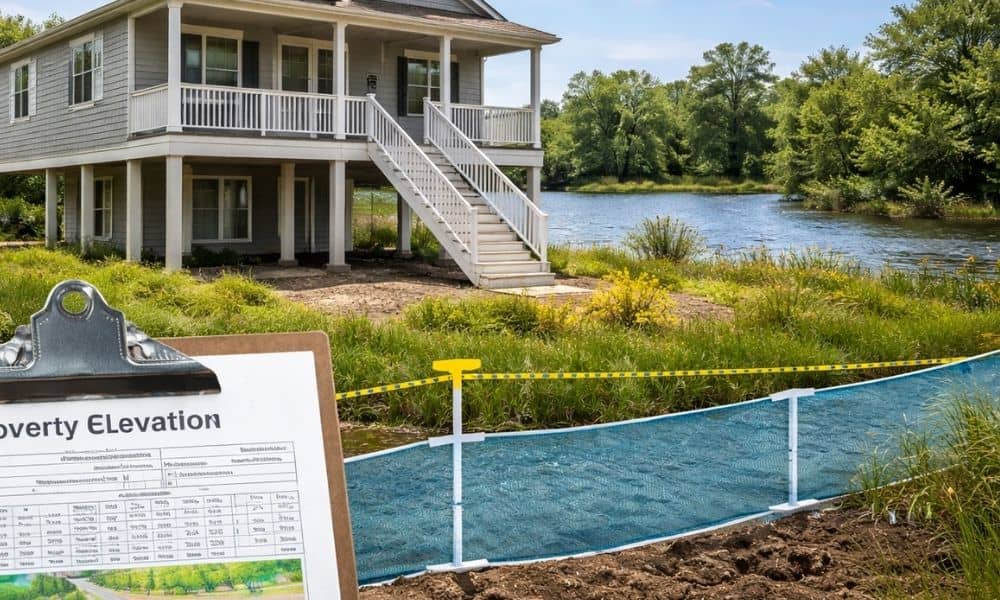 House elevation flood risk planning - ALTA SURVEY South Carolina A residential property showing ground elevation compared to flood level, explaining how an elevation certificate helps assess flood risk before building
