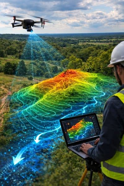 Surveyor reviewing a detailed 3D terrain model created from lidar mapping data to study land elevation and drainage patterns