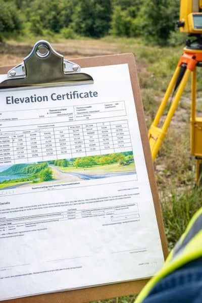 Surveyor measuring property elevation site - ALTA SURVEY South Carolina A land surveyor reviewing site measurements with equipment, showing how an elevation certificate helps determine property height and flood risk before planning
