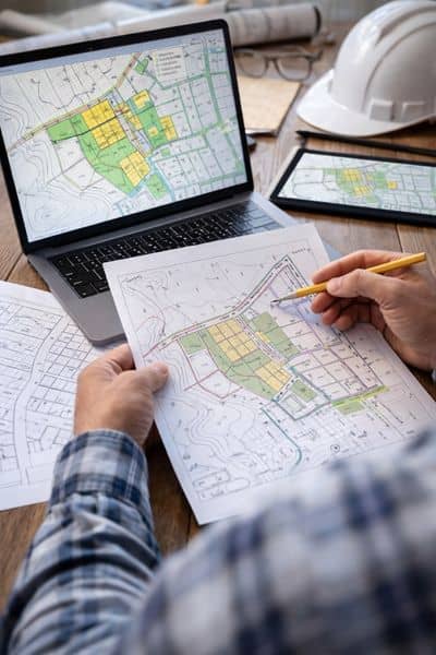 Engineer reviewing land surveying plans and site layout on a tablet before starting project design