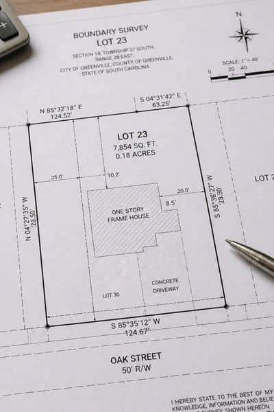 Property survey plan on a desk showing lot lines and parcel boundaries reviewed before changes to the land