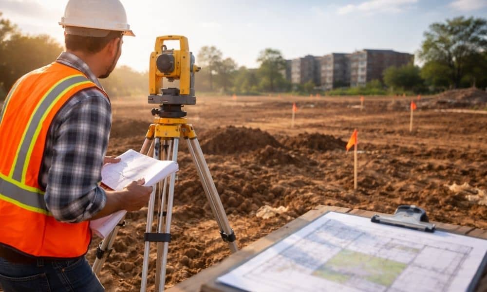 Surveyor reviewing land surveying data on a developing property site before construction planning begins