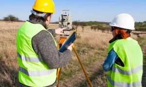 Surveyors measuring a residential lot with total station equipment before adjusting property boundaries