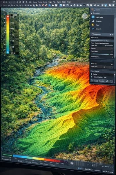 Lidar mapping data showing elevation changes and terrain detail beneath a wooded property