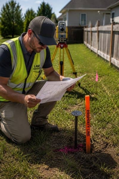 Surveyor reviewing a property map while locating a boundary marker on a residential lot