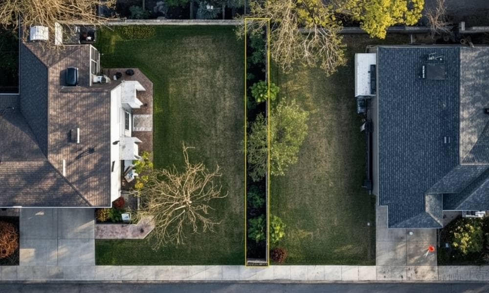 Aerial view of two residential properties with a highlighted property line showing a missing property marker location