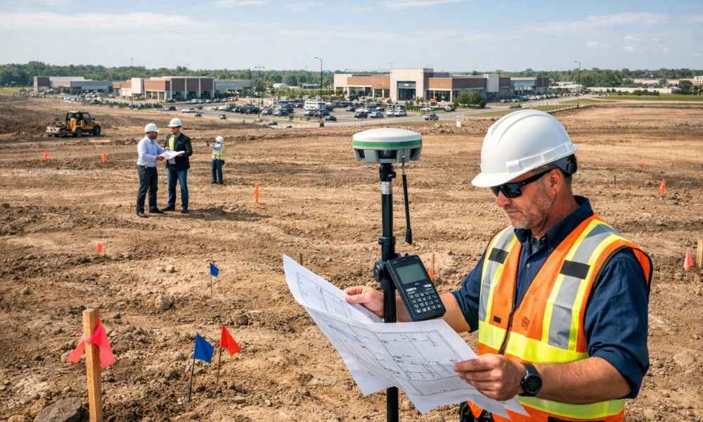 Commercial property surveyor using GPS surveying equipment to map a commercial development site before planning and construction