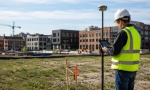 Alta land survey commercial redevelopment site - ALTA SURVEY South Carolina - ALTA SURVEY South Carolina Professional land surveyor using GPS equipment to perform an ALTA land survey at a commercial redevelopment site before a real estate transaction