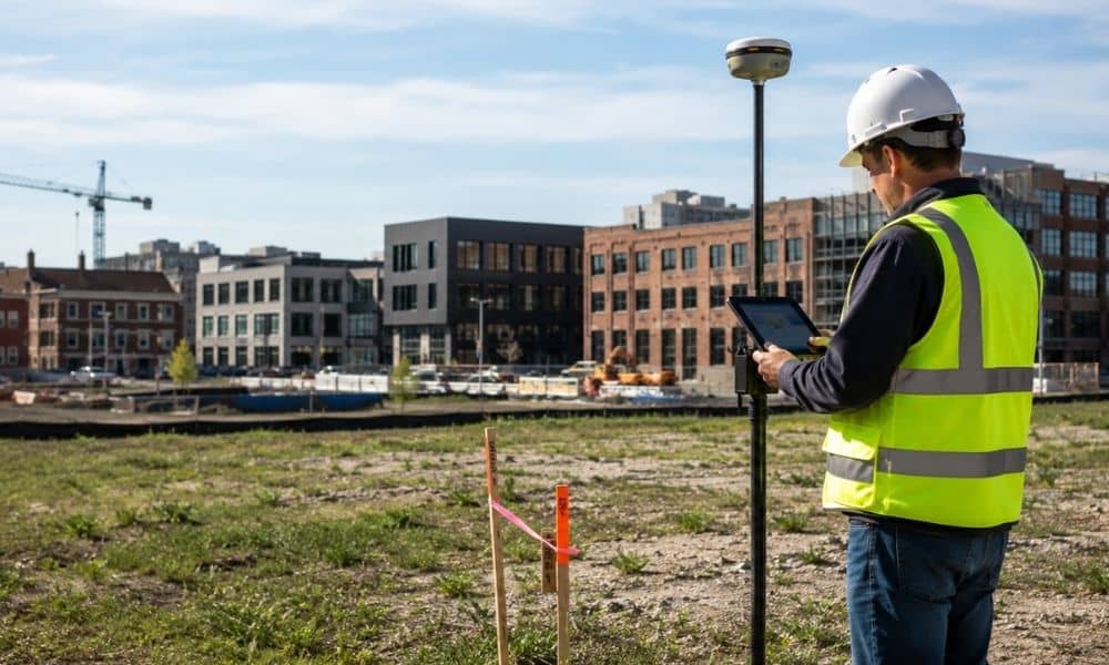 Professional land surveyor using GPS equipment to perform an ALTA land survey at a commercial redevelopment site before a real estate transaction