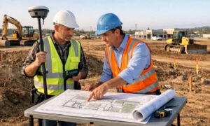 Commercial land survey pre construction site planning - ALTA SURVEY South Carolina A land surveyor and civil engineer review site plans at a commercial construction site before permit submission