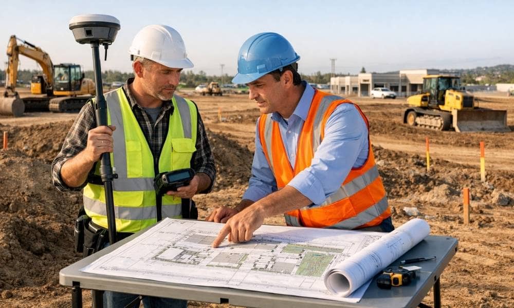 A land surveyor and civil engineer review site plans at a commercial construction site before permit submission