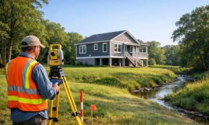 Land surveyor measuring home elevation near creek - ALTA SURVEY South Carolina - ALTA SURVEY South Carolina A land surveyor measuring the elevation of a home beside a creek during a floodplain assessment