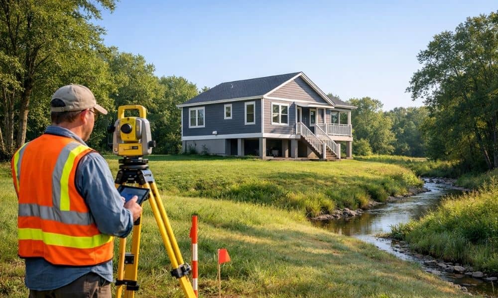 A land surveyor measuring the elevation of a home beside a creek during a floodplain assessment