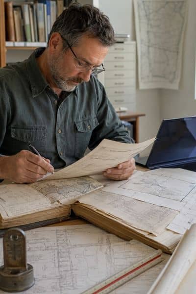Cadastral surveyor reviewing land records - ALTA SURVEY South Carolina Cadastral surveyor reviewing land records and property maps to help maintain accurate boundary information