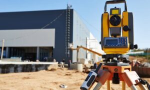 As built survey project closeout - ALTA SURVEY South Carolina Surveying instrument set up at a construction site to measure and document conditions for an as-built survey